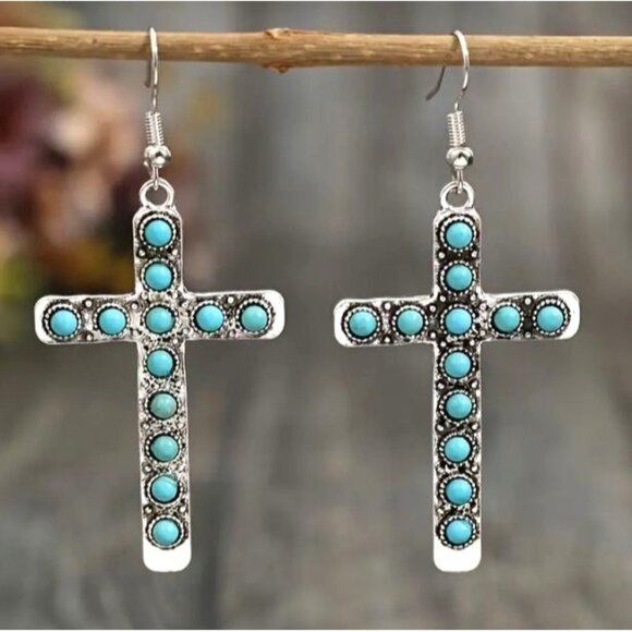 Turquoise & Silver‎ Cross Dangle Earrings NEW - Picture 1 of 3